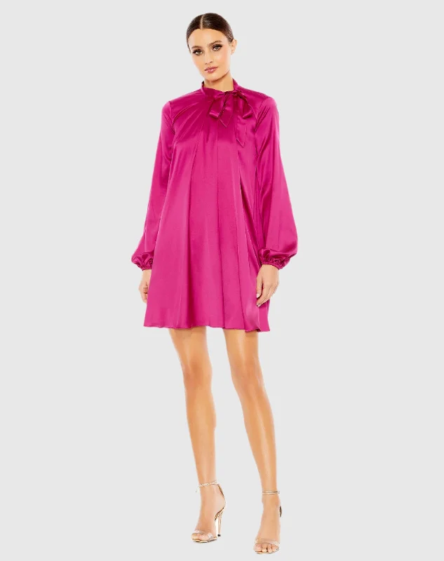 Pink Soft Tie High Neck Pull Sleeve Shirt Dress - FINAL SALE