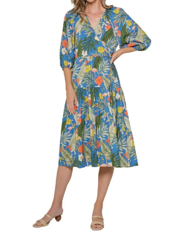 Print Wrap Midi Dress In Blue Multi