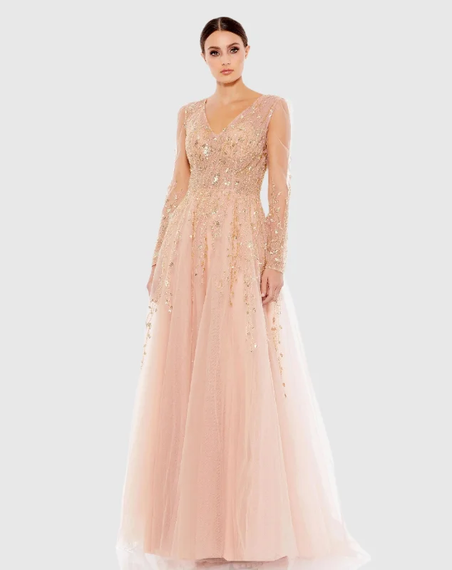 Light Pink Embellished V Neck Long Sleeve A Line Gown