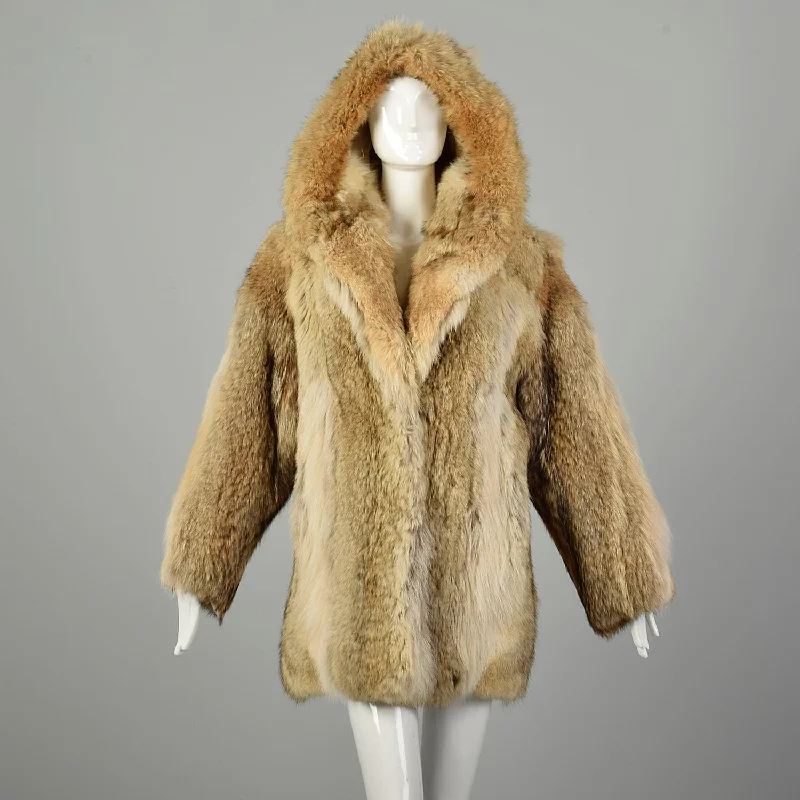 Medium 1980s Coat Real Coyote Fur Tan Hooded Winter Jacket