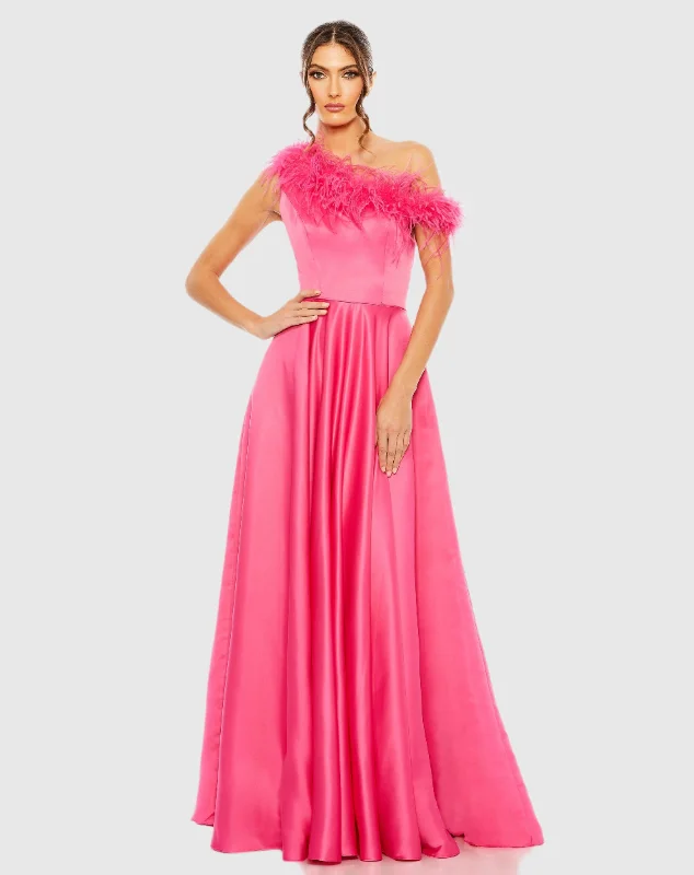 Pink One Shoulder A Line Gown With Feather Detail