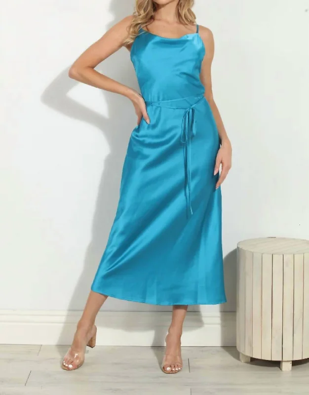 Satin Midi Dress In Blue Satin