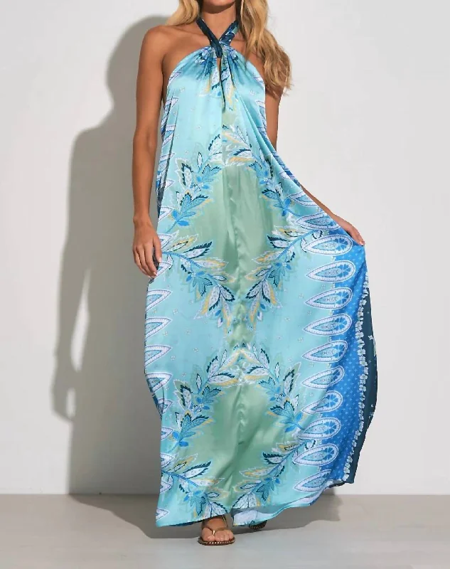 Blue Bali Print Maxi Halter Dress In Bl-Bali