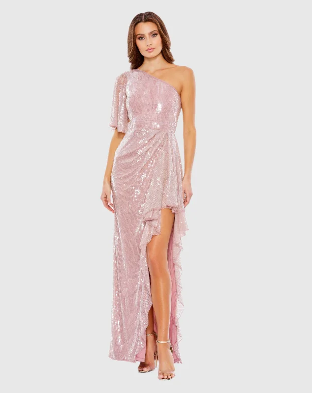 Sequined Flutter Sleeve One Shoulder Draped Gown - FINAL SALE