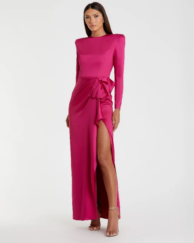 Pink Long Sleeve Structured Bow Draped Gown