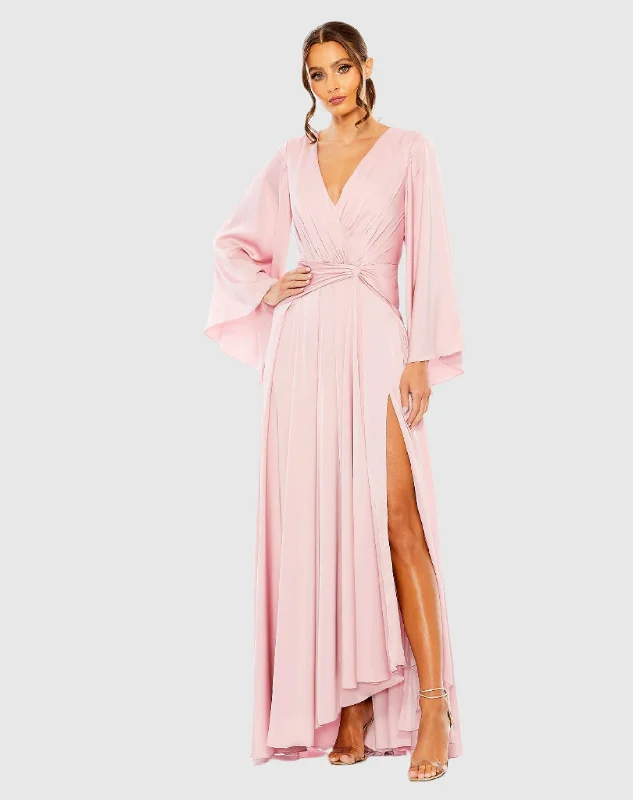 Pink Long Sleeve V Neck High Slit Gown