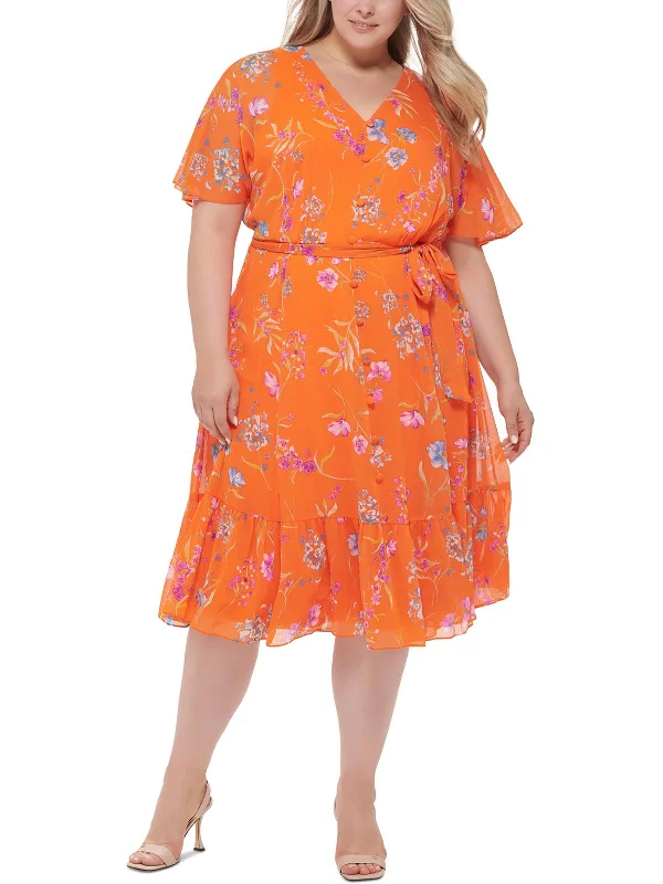 Plus Womens Floral Print Polyester Midi Dress