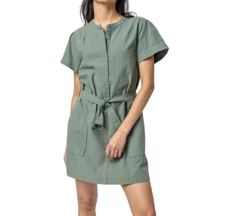 Half-Placket Canvas Dress In Seagrass