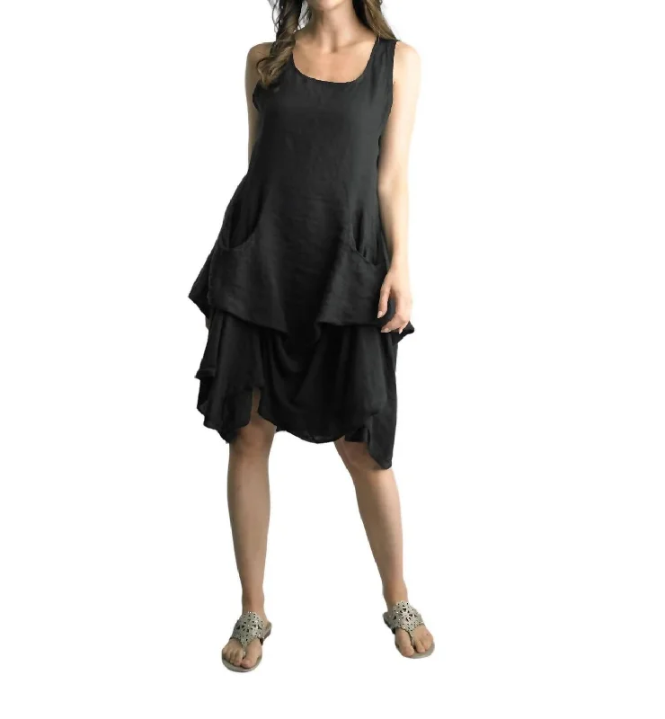 2 Pocket Linen Dress In Black