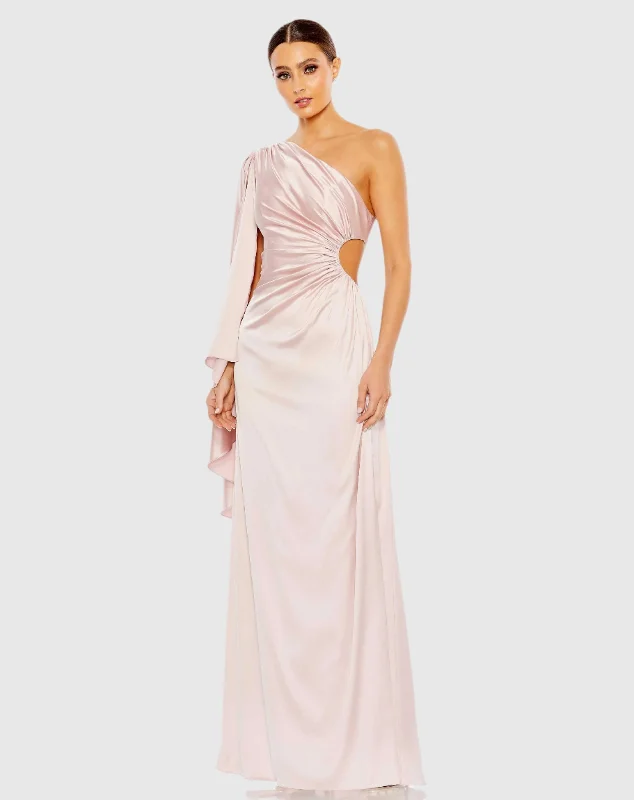 One Shoulder Bell Sleeve Draped Gown