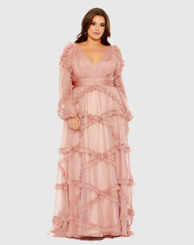 Pink V Neck Ruffle Tiered Puff Sleeve Gown