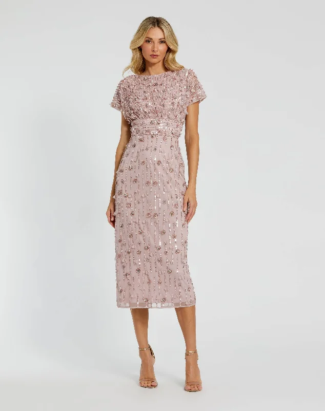 Pink Cap Sleeve Column Midi Dress With Floral Beading