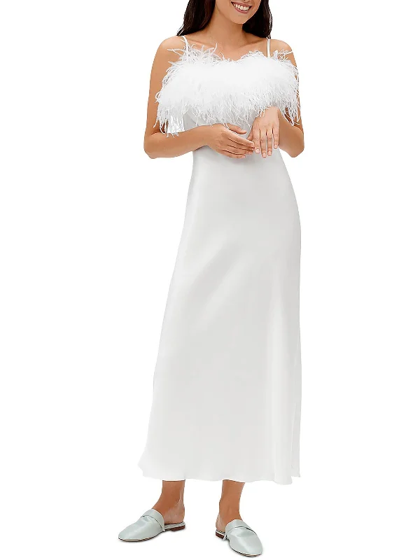 Womens Ostrich Feathers Rayon Slip Dress