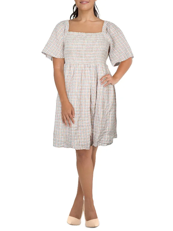 Plus Lucie Womens Seersucker Plaid Fit & Flare Dress