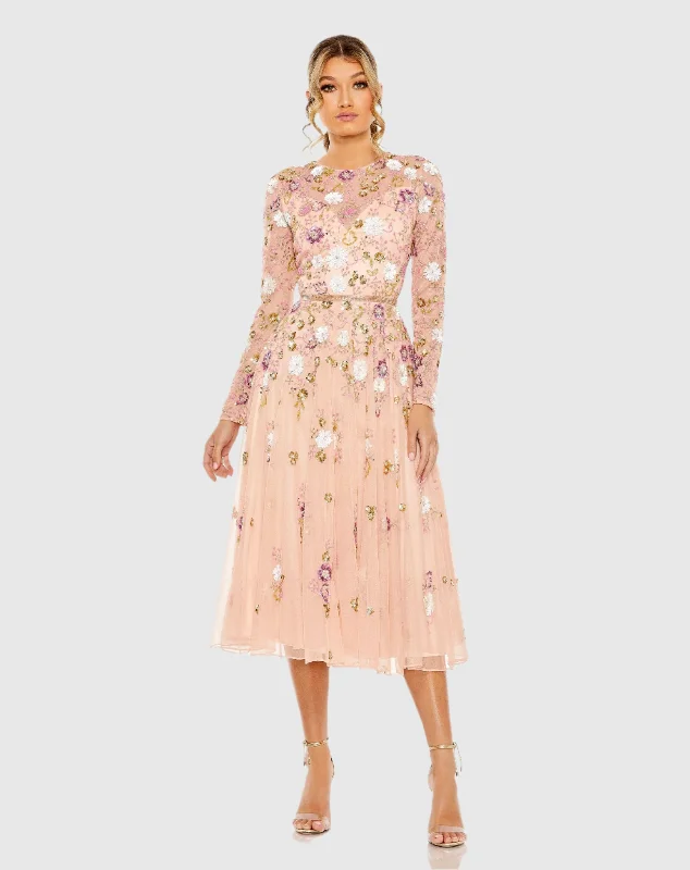 Pink Sequined Floral Long Sleeve High Neck Midi Dress