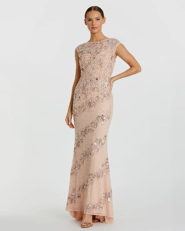 Embellished Bateau Neck Cap Sleeve Gown