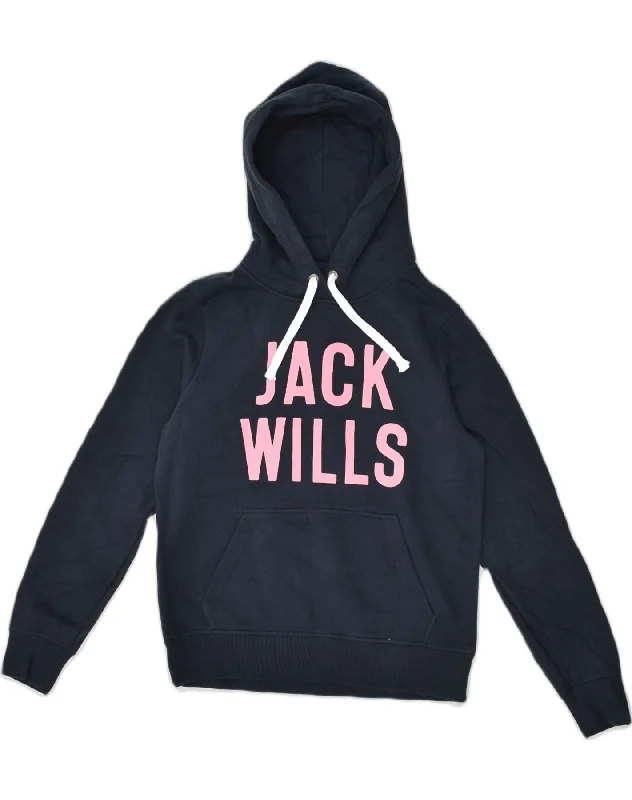 JACK WILLS Womens Graphic Hoodie Jumper UK 10 Small  Navy Blue Cotton