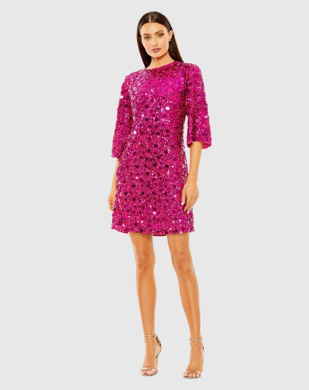 Quarter Sleeve High Neck Sequin Embellished Mini Dress