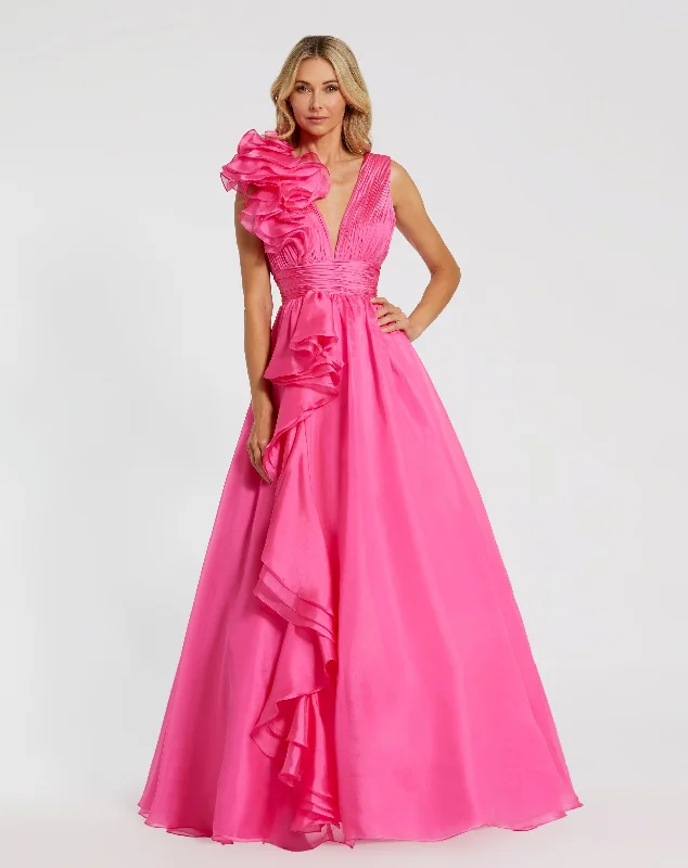 Pink Ruffle Shoulder V-Neck Chiffon Gown