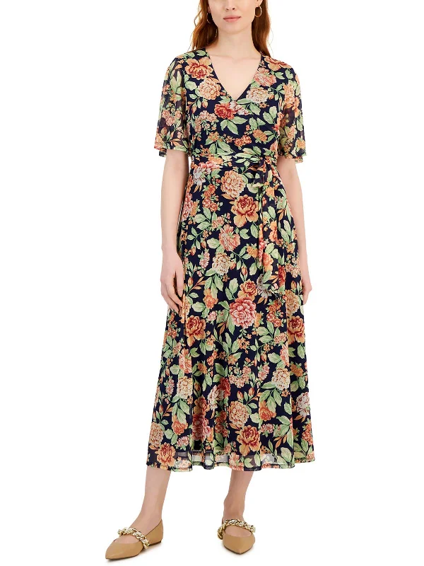 Petites Womens Floral Print Mesh Maxi Dress