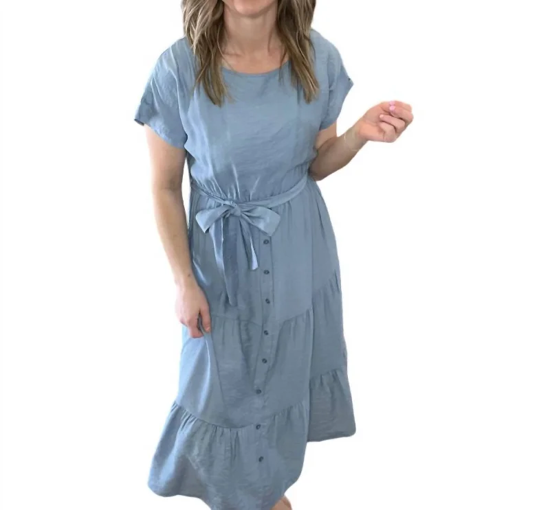 Deedra Tiered Button Midi Dress In Blue