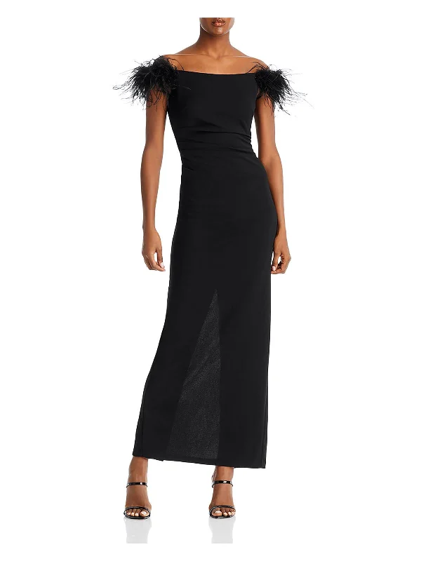 Womens Ostrich Feathers Column Evening Dress