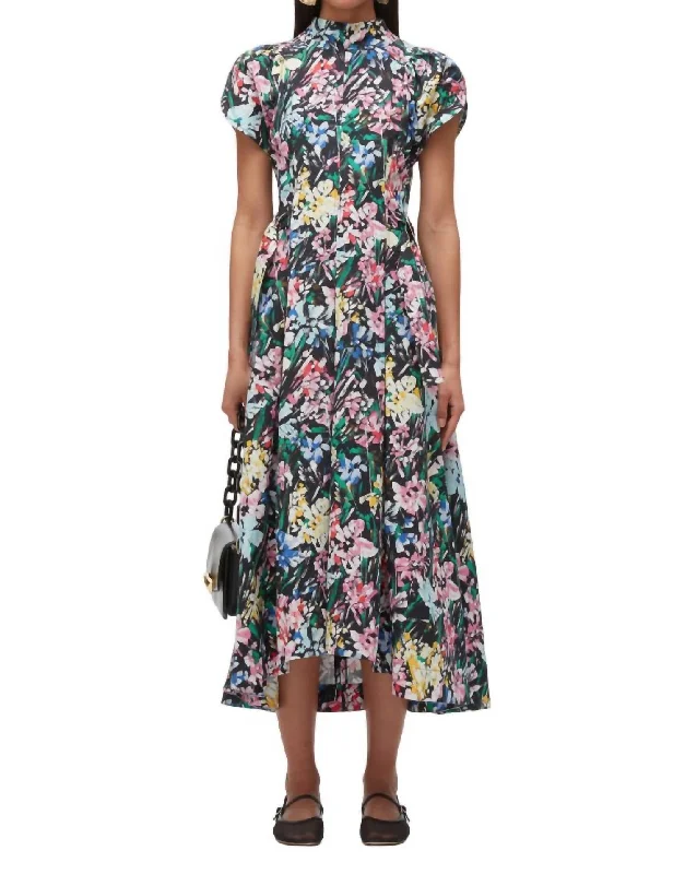 Flowerworks Tulip Puff Sleeve Midi Dress In Black Multi