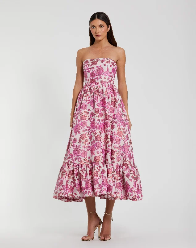 Floral Brocade Strapless A Line Midi Dress