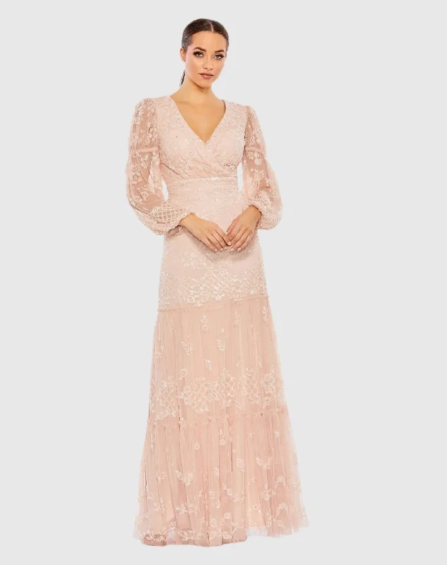 Sequined Tiered Wrap Over Puff Sleeve Gown