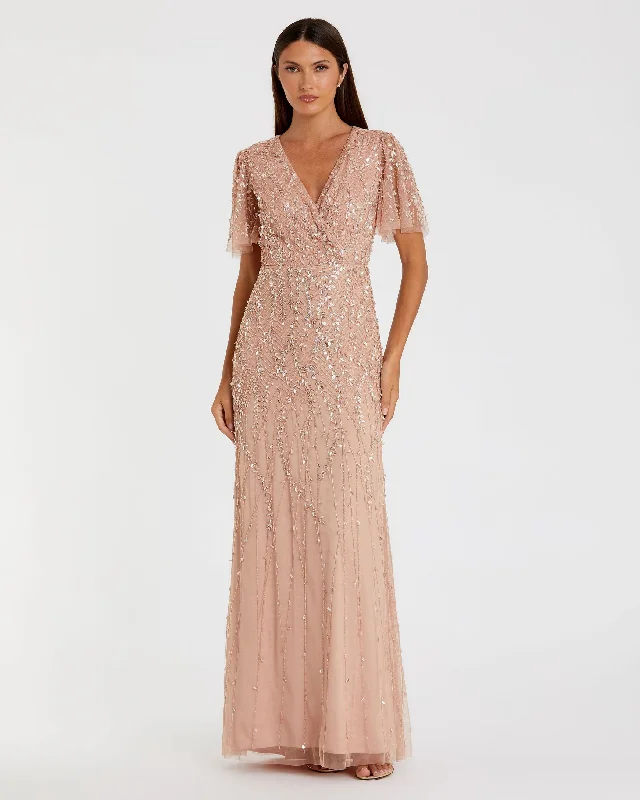 Pink Embellished Flutter Sleeve Gown