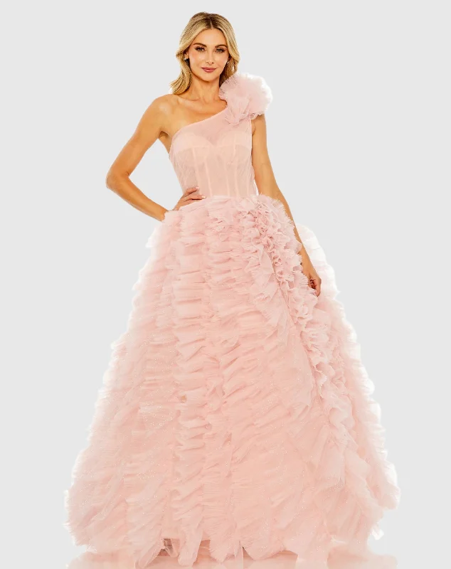 Pink One Shoulder Glitter Tulle Gown