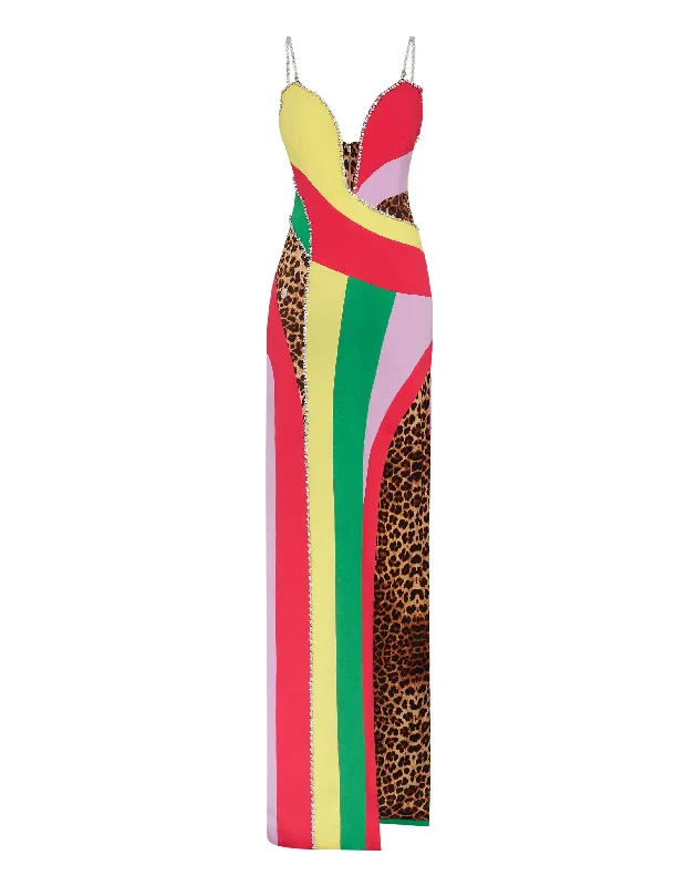 Satin Long Dress Rainbow Patchwork