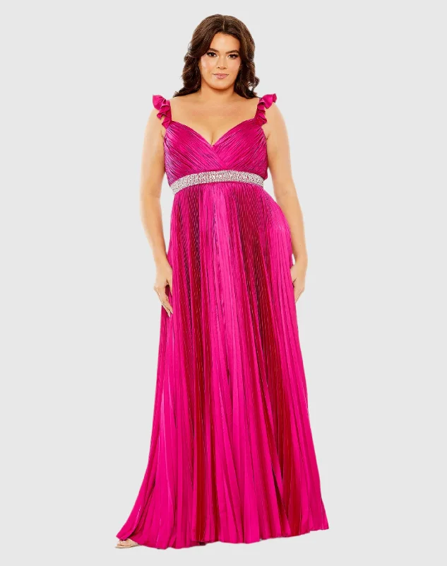 Embellished Waist Flutter Sleeve Pleated Gown