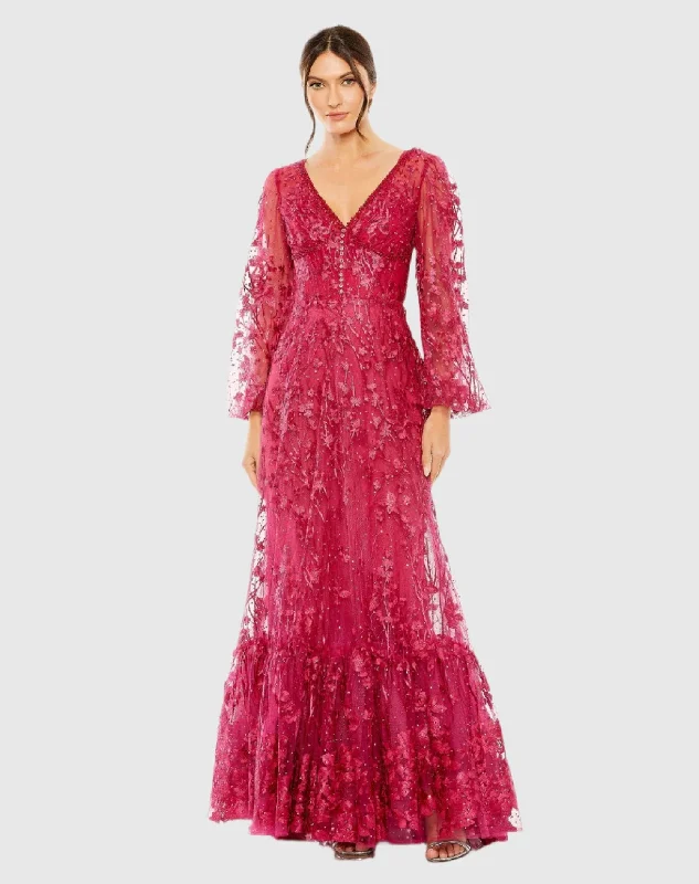 Pink Puff Sleeve A-Line Embroidered Gown