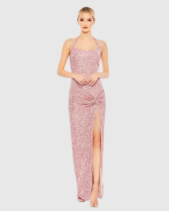 Pink Sequined Halter Strap Low Side Knot Gown